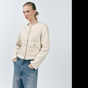 Zara Boucle Ivory Knit Boxy Cropped Blazer Size M RhineStone Bling Button NEW